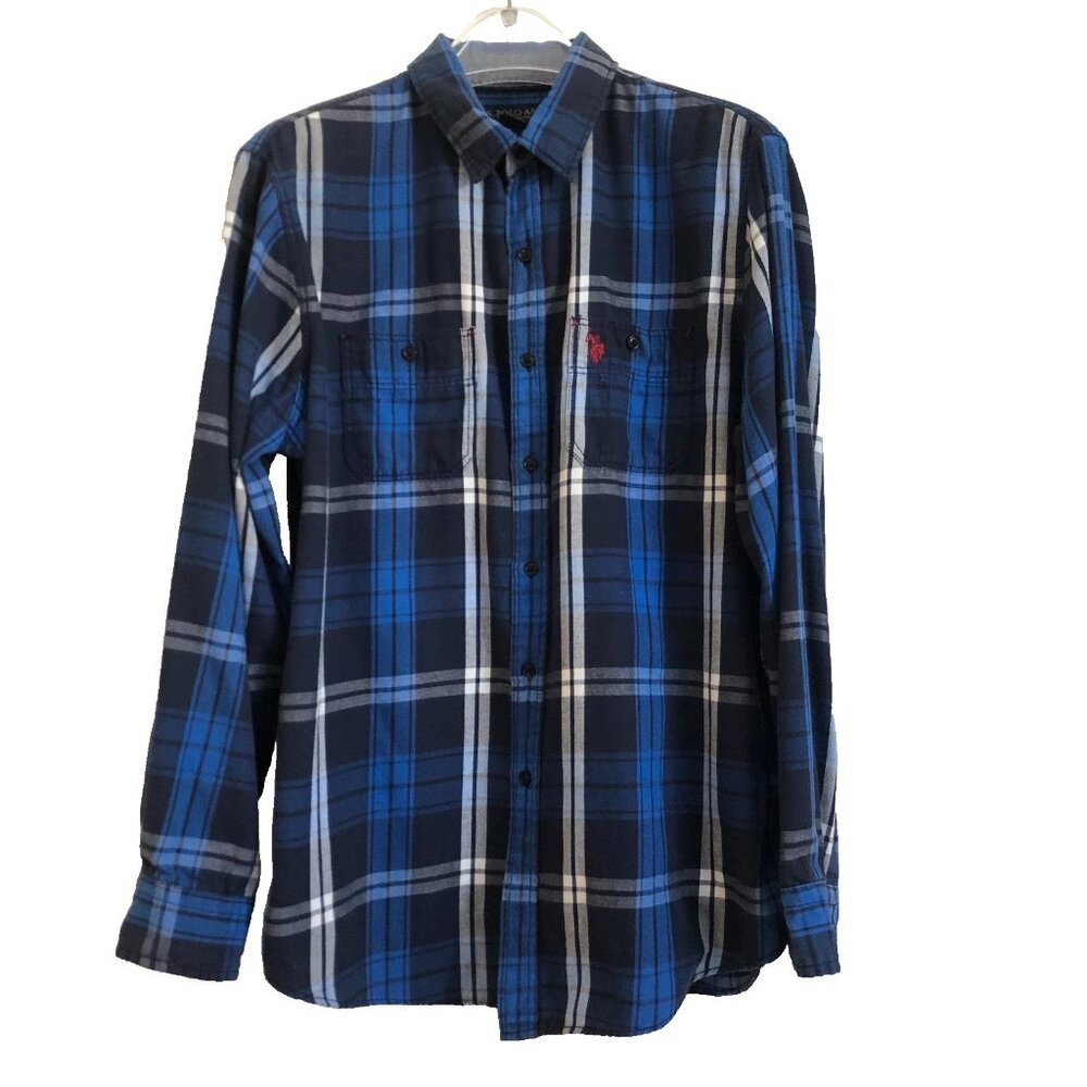 U.S. Polo Assn. Vintage Blue/Navy Button down shirt plaid flannel Mens Large